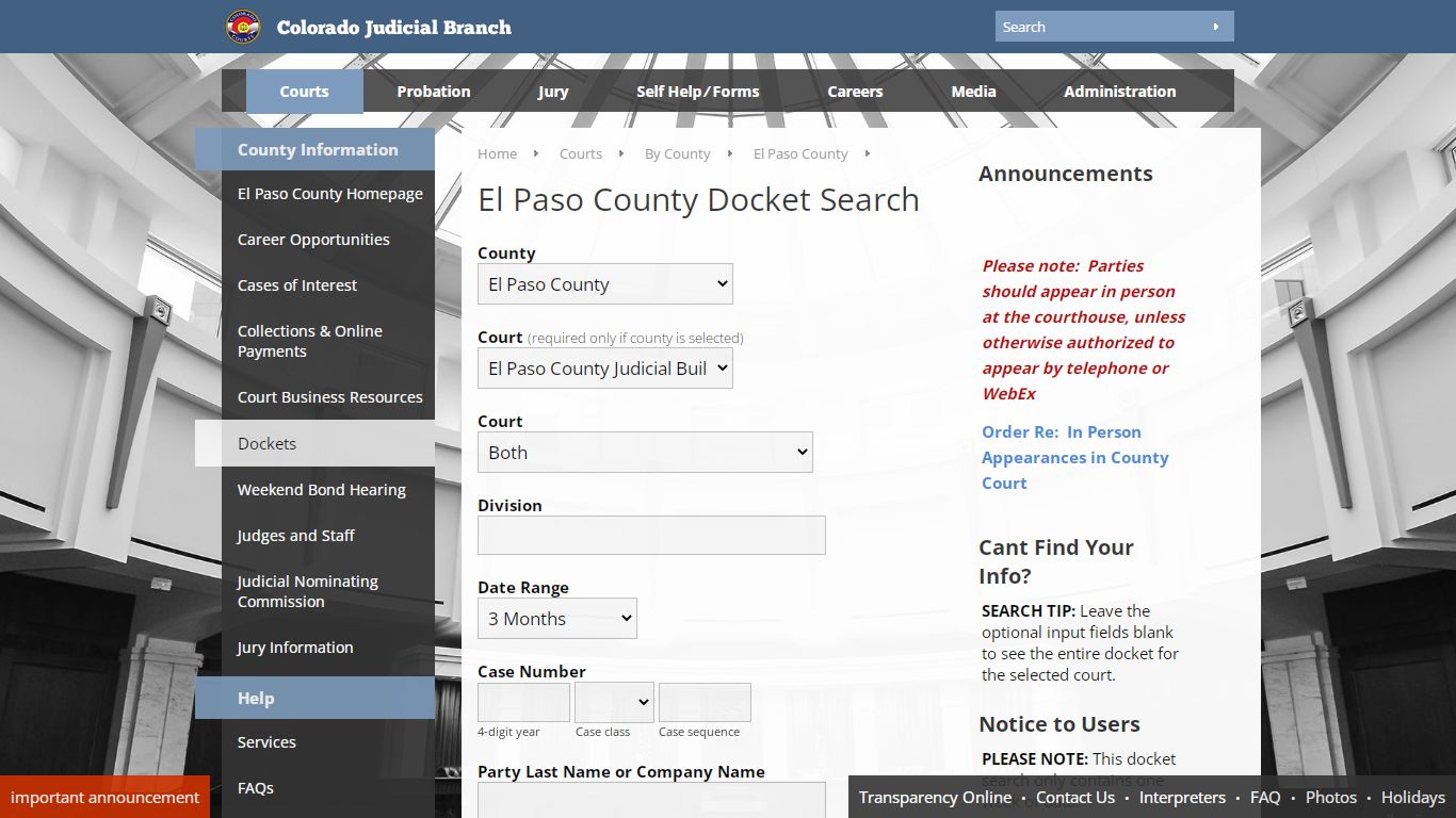 Colorado Judicial Branch - El Paso County - Dockets